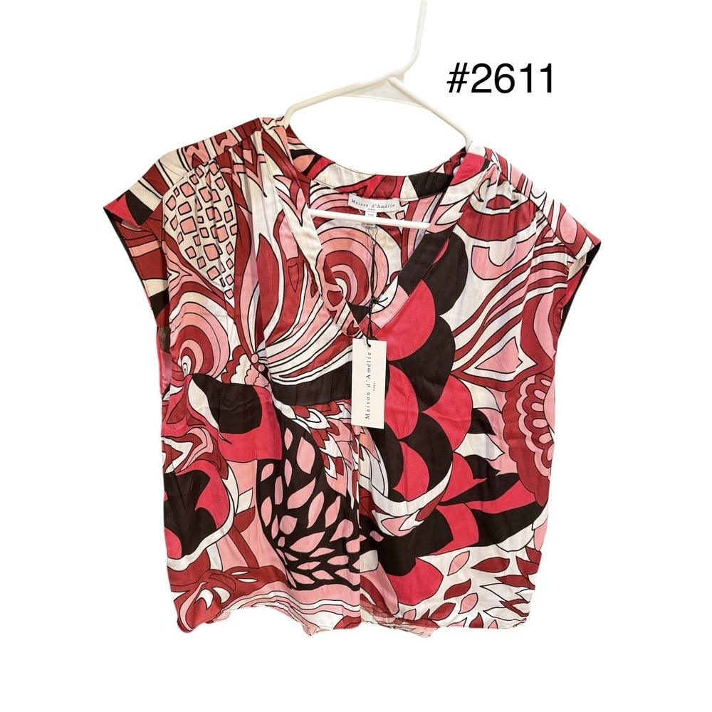 NWT Womens Maison D'Amelie Abstract Print‎ Satin Red Pink White Top Medium - Picture 2 of 4